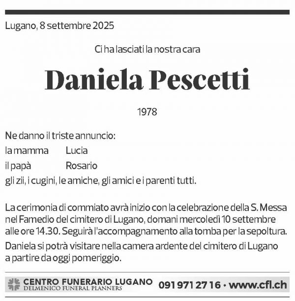 Annuncio funebre Daniela Pescetti