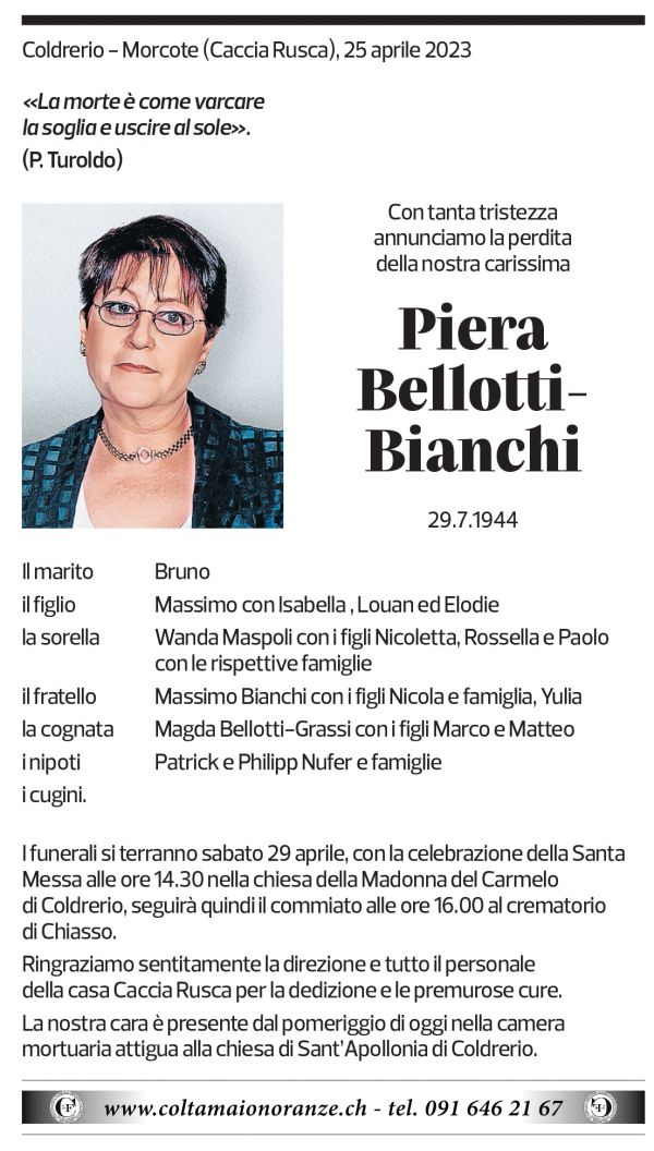 Annuncio funebre Piera Belotti-bianchi