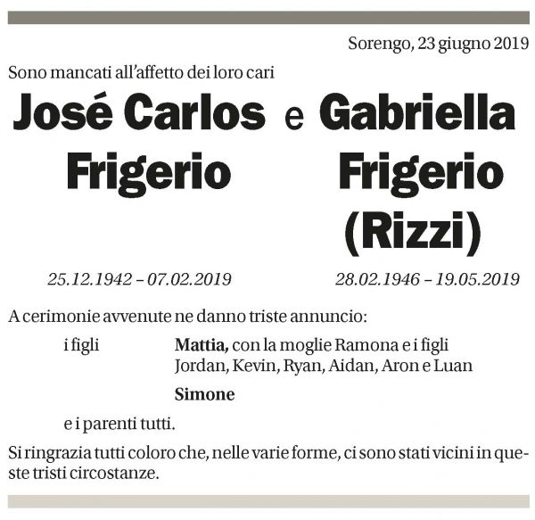 Annuncio funebre José Carlos - Gabriella Frigerio