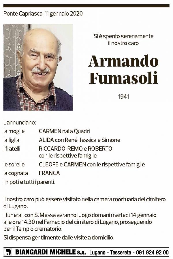 Annuncio funebre Armando Fumasoli