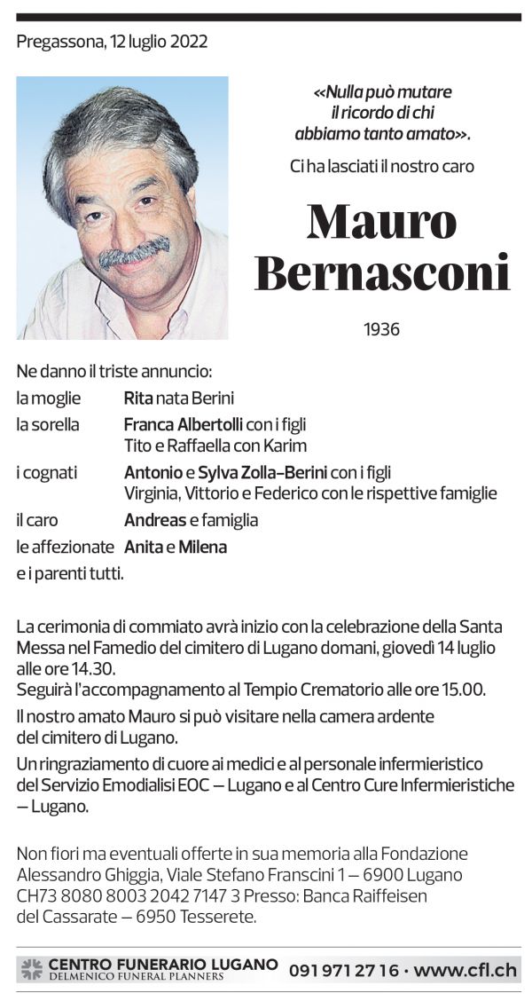 Annuncio funebre Mauro Bernasconi