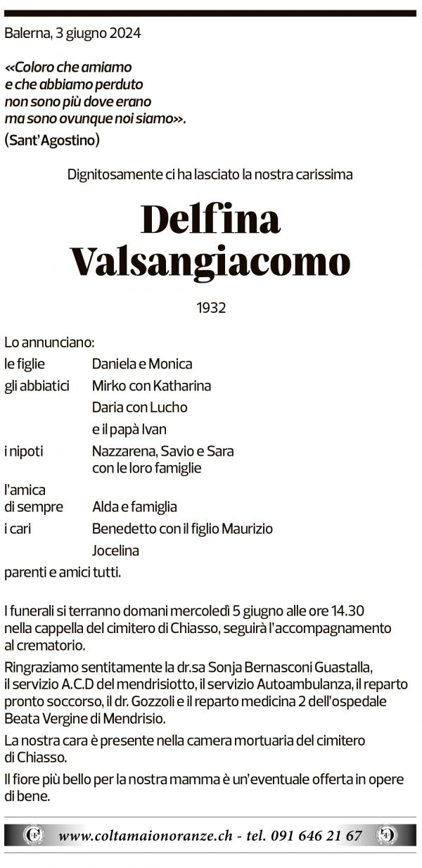 Annuncio funebre Delfina Valsangiacomo