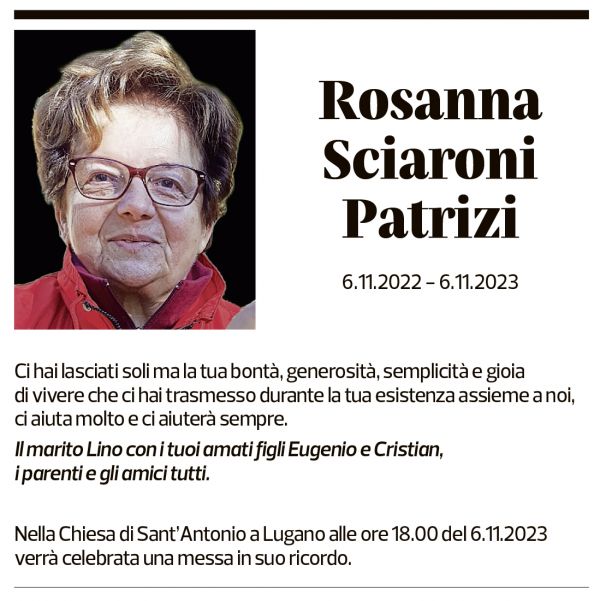 Annuncio funebre Rosanna Sciaroni Patrizi