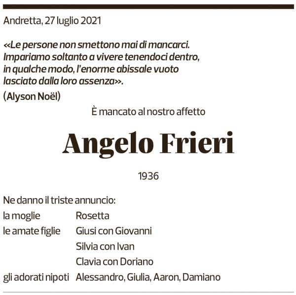 Annuncio funebre Angelo Frieri