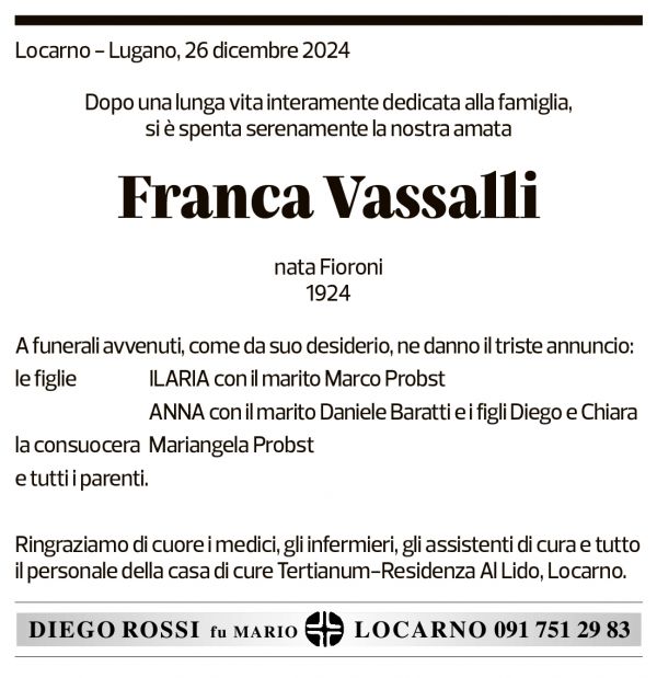 Annuncio funebre Franca Vassalli