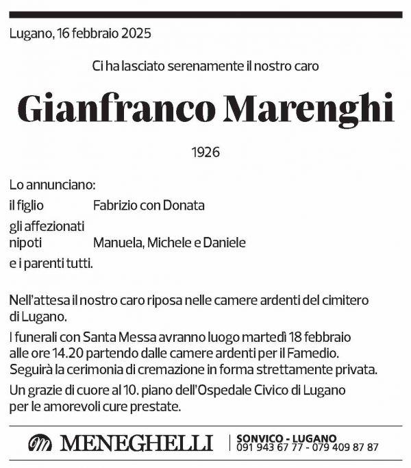 Annuncio funebre Gianfranco Marenghi