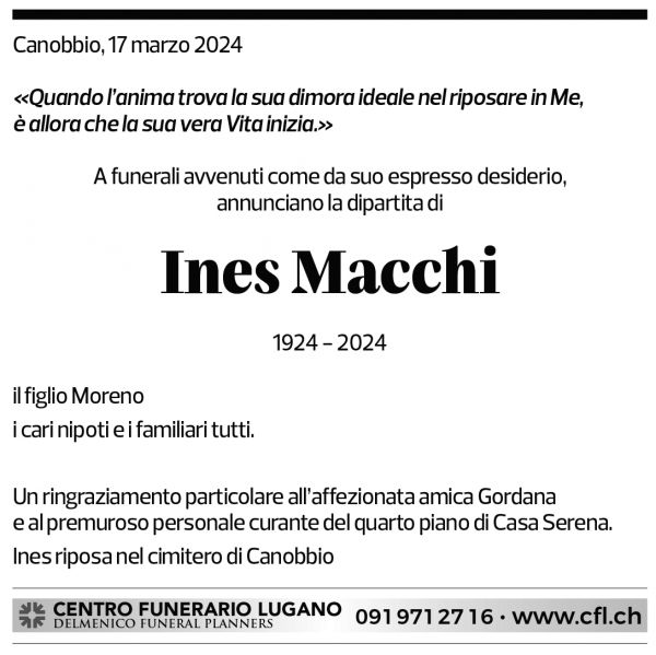 Annuncio funebre Ines Macchi