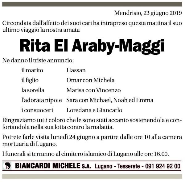Annuncio funebre Rita El Araby - Maggi